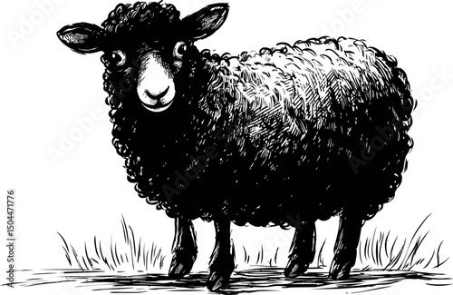 Black sheep standing in grassy field, detailed sketch illustration. Vector illustration