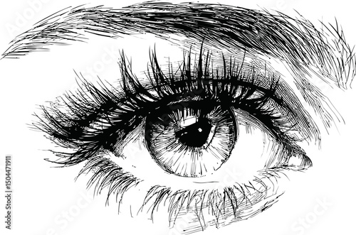 Detailed sketch of a human eye with intricate lines and shading, artistic design. Vector illustration