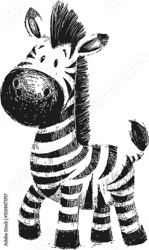 Sketch of a cute zebra in a cartoon style with a fluffy mane and large eyes. Vector illustration
