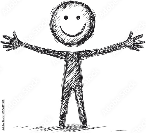 Smiling stick figure with open arms in a sketchy drawing style. Vector illustration