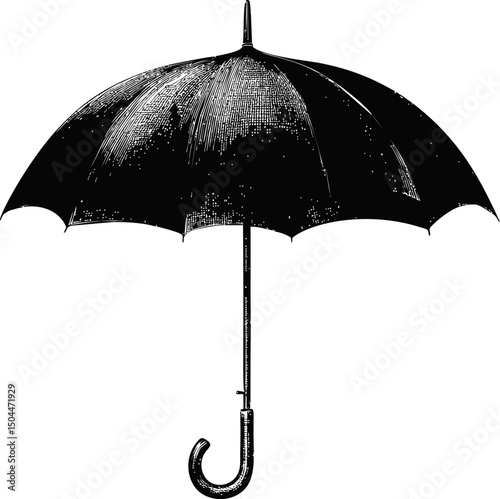 Black and white vintage illustration of a classic open umbrella, vector art. Vector illustration