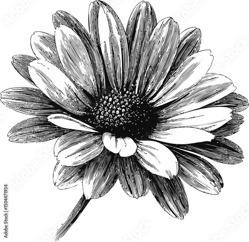 Black and white illustration of a daisy with detailed petals and stem. Vector illustration