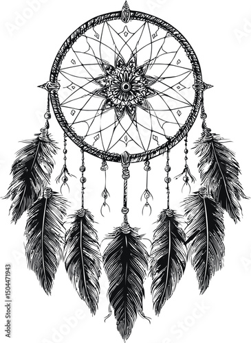 Artistic black and white dreamcatcher with detailed feathers illustration. Vector illustration