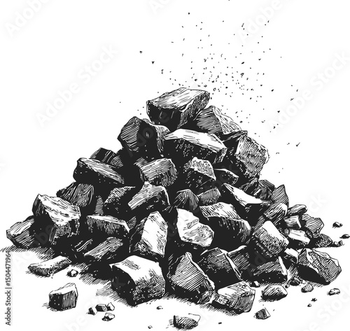 Pile of rubble in black and white illustration with scattered debris. Vector illustration