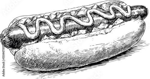 Black and white sketch of a hot dog with ketchup in a bun, vintage illustration. Vector illustration