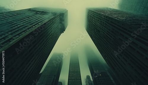 Cityscape shrouded in mist: A mesmerizing view of towering skyscrapers