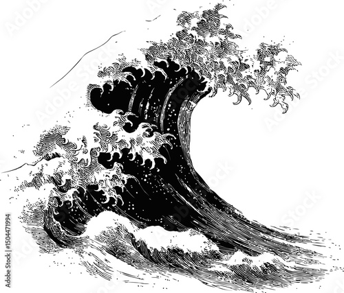 Stylized black and white wave illustration with intricate details, art concept. Vector illustration
