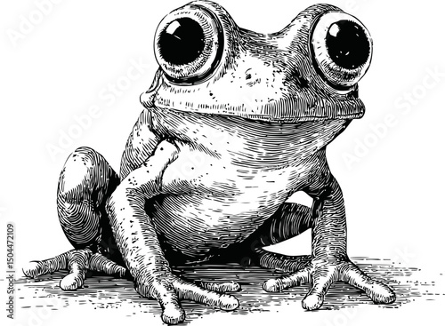 Detailed black and white illustration of a wide-eyed frog in artistic style. Vector illustration