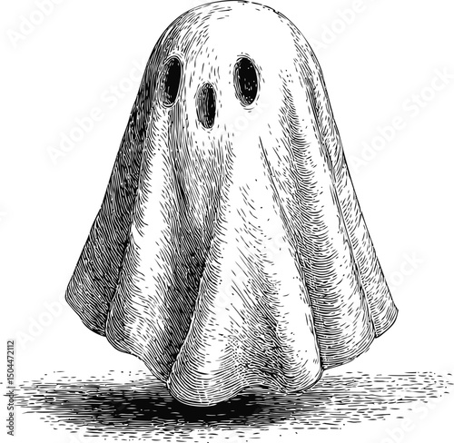 Black and white drawing of a ghost with sheet and holes in a vintage style. Vector illustration