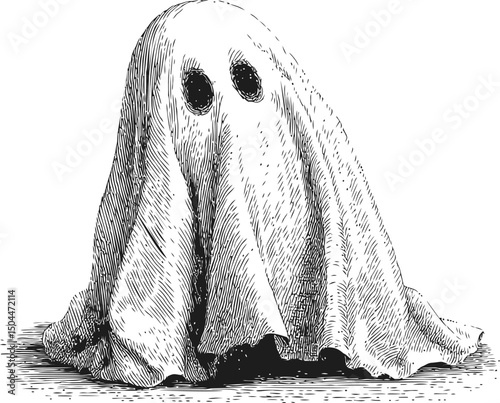 Illustration of a ghost under a sheet with eye holes, black and white sketch. Vector illustration