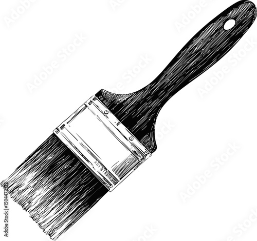Detailed black and white illustration of a wooden paintbrush, sketch art. Vector illustration