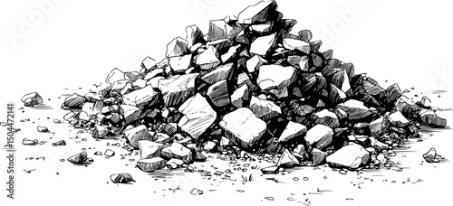 Detailed sketch of large pile of rocks in black and white, hand-drawn illustration. Vector illustration