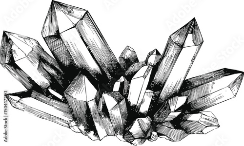 Monochrome illustration of crystal cluster with intricate line details. Vector illustration