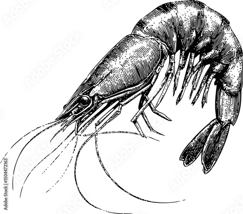 Detailed black and white ink drawing of a shrimp sketch concept art. Vector illustration