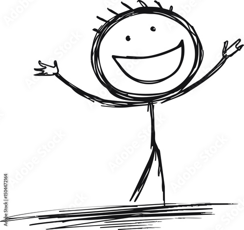 Happy stick figure with outstretched arms, black ink sketch. Vector illustration