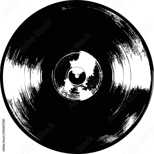 Vintage black and white vinyl record illustration with distressed texture. Vector illustration