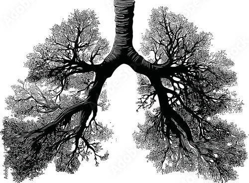 Intricate black and white sketch of tree-like lungs in medical illustration. Vector illustration