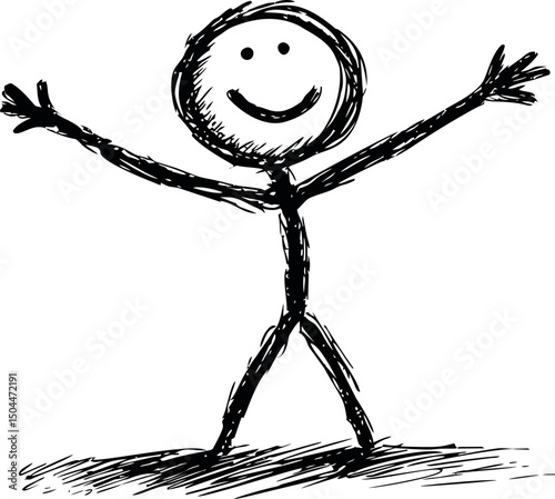 Drawn stick figure with a smiling face and outstretched arms, black and white sketch. Vector illustration