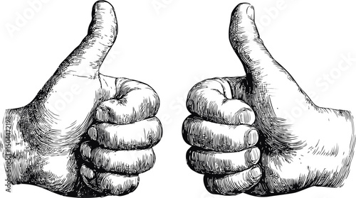 Sketch of two hands giving thumbs up in black and white illustration. Vector illustration