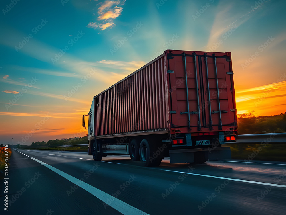 Logistics import export and cargo transportation industry concept of a red Container truck driving on a highway road with a sunset background. Logistics import export and cargo transportation industry concept of a red Container truck driving on a highway road with a sunset background.