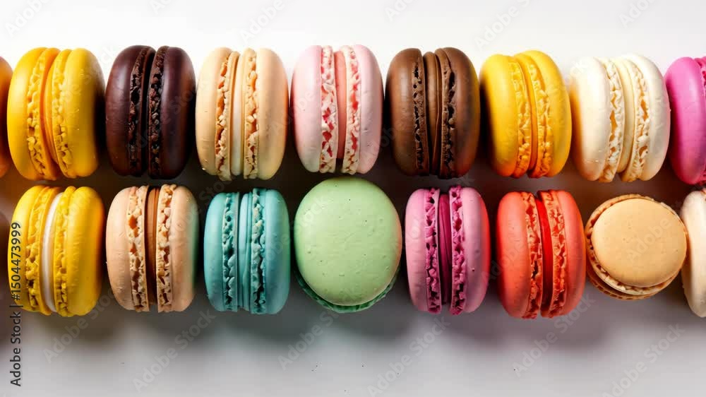 Colorful french macarons forming a border on white background