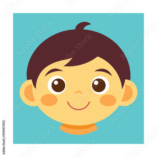 Cheerful illustration of a young smiling boy face with brown hair and rosy cheeks.