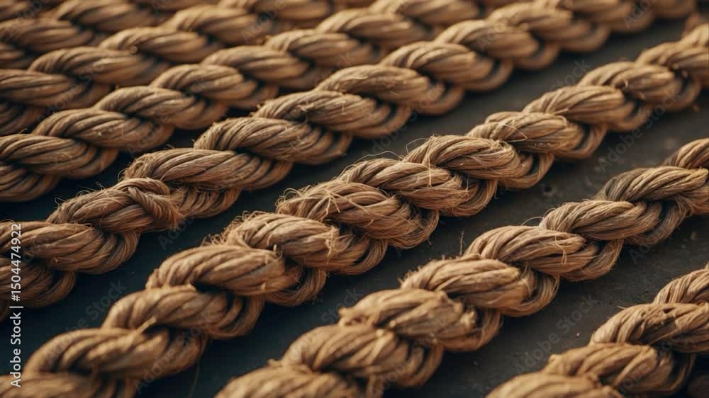 Close-up view of tightly woven natural fiber ropes arranged in parallel lines showcasing texture and craftsmanship, highlighting the intricate details of the rope braiding process.