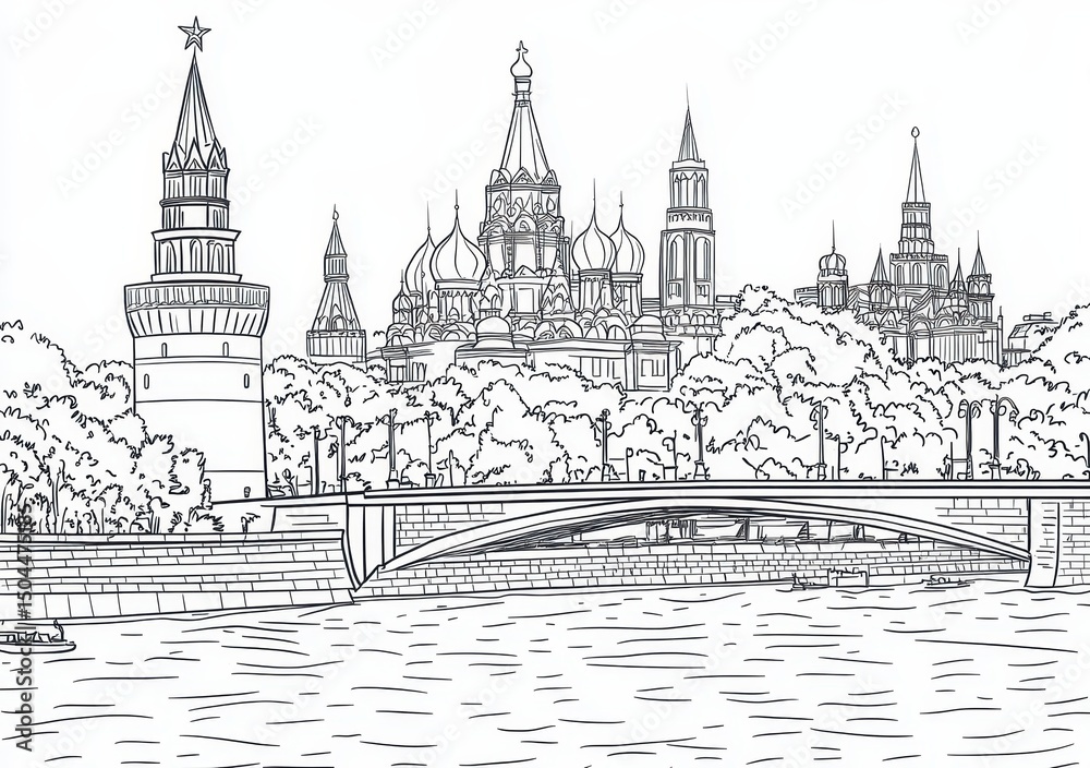 Obraz premium Moscow Kremlin and River Panorama - Monochrome Sketch