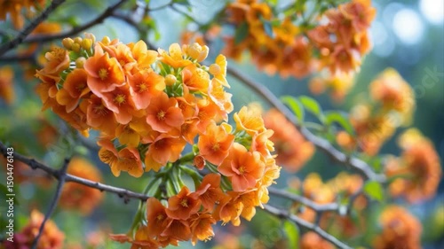 Vibrant clusters of orange trumpet-shaped flowers blooming on a lush, green branch, creating a stunning display of color against a blurred natural background.