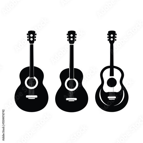 Silhouette of guitars, Set of black and white acoustic guitars