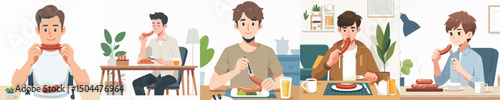 vector of a young man eating sausage at the dining table