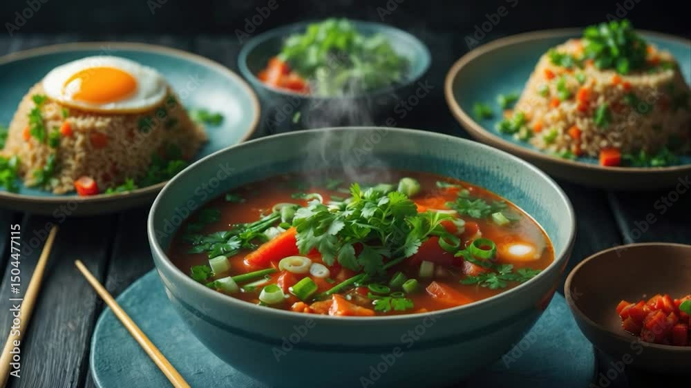 Steaming bowl of vibrant vegetable soup topped with fresh herbs, surrounded by plates of colorful fried rice and a soft-boiled egg, creating a delicious Asian-inspired meal setting.