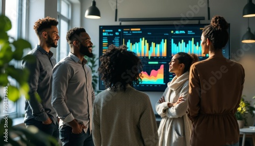 Diverse team brainstorming and analyzing data on a large display screen in office