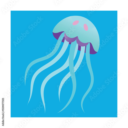 Simple illustration of a colorful jellyfish swimming in a vibrant blue aquatic environment.