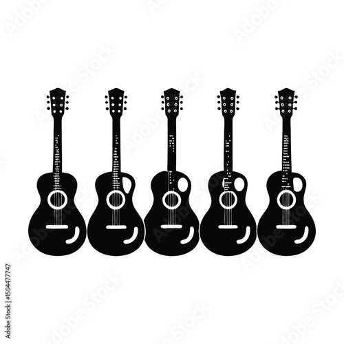 Silhouette of guitars, Set of black and white acoustic guitars