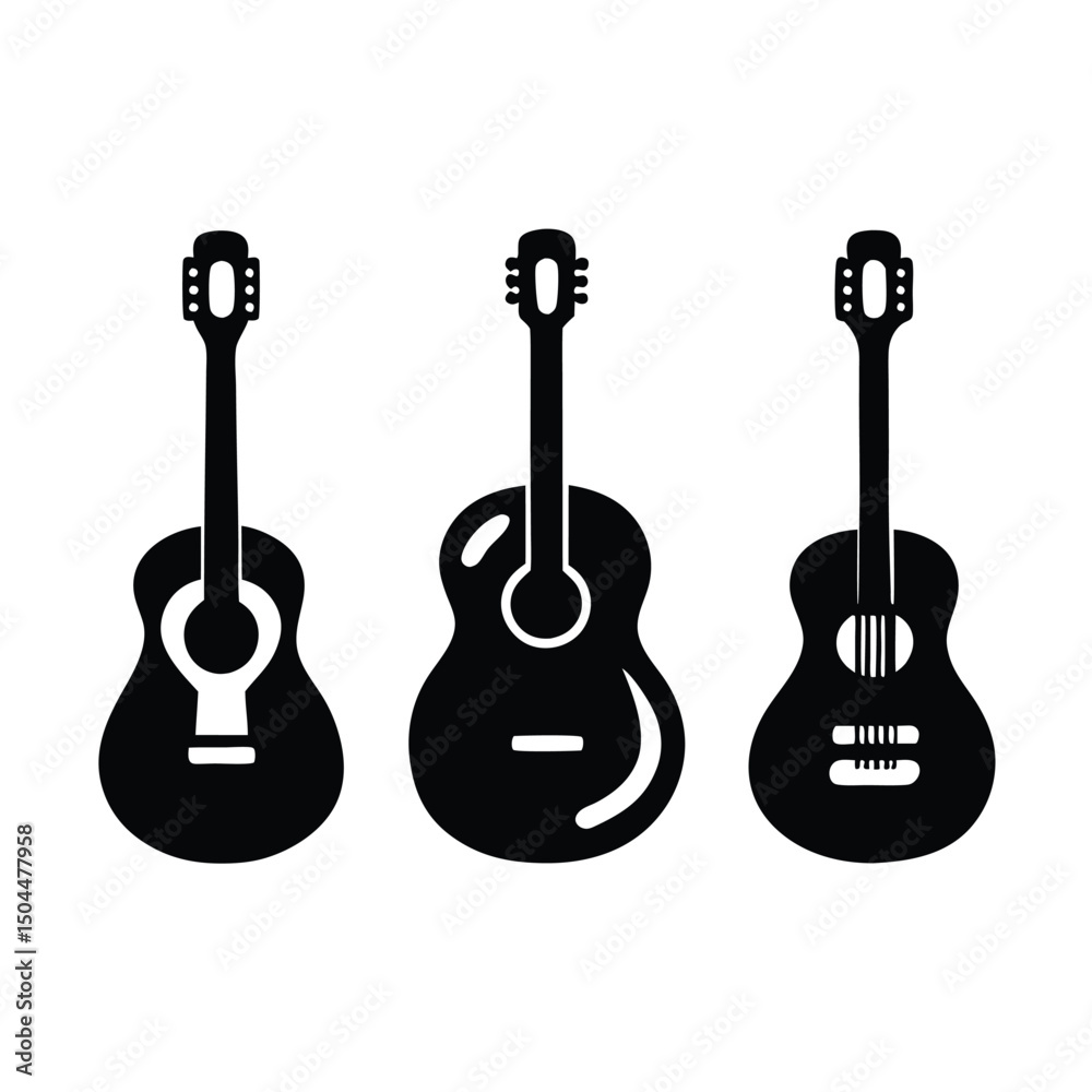 Obraz premium Silhouette of guitars, Set of black and white acoustic guitars