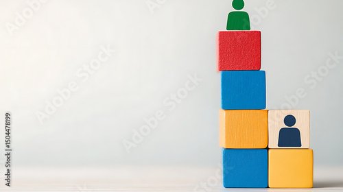 Climbing the corporate ladder, illustrated with colorful blocks and human figures. Demonstrates career advancement and hierarchical growth. photo