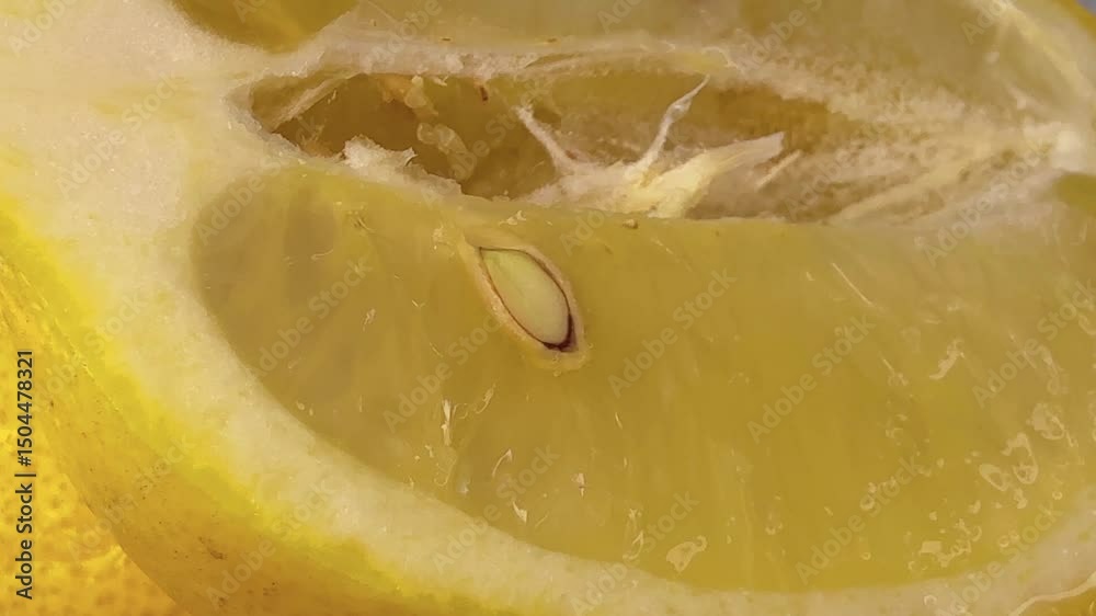Macro shot of lemon with pulp as juice runs down the surface on a wooden background, sour citrus detail, fresh and juicy texture, close-up of lemon juice dripping, lemon slices