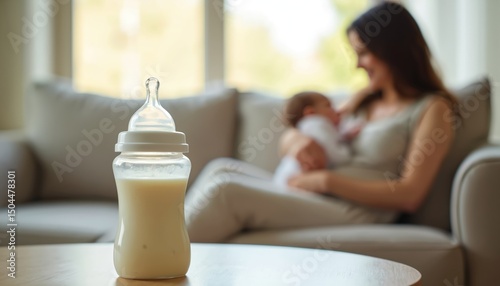 Feeding bottle filled with milk on table. In background mother hugs newborn baby on sofa. Tender caring mom breastfeeding baby. Soft lighting home atmosphere, parenting, infancy, maternity, love,