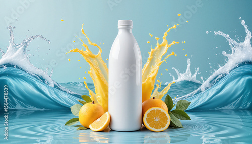 White juice bottle with citrus splash and ocean waves – refreshing beverage packaging mockup