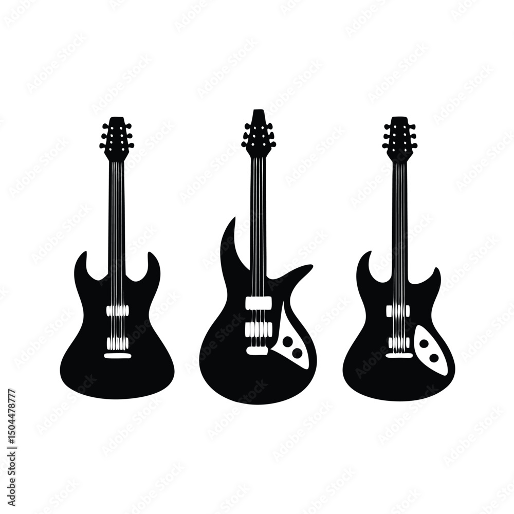 Obraz premium Silhouette of guitars, Set of black and white acoustic guitars