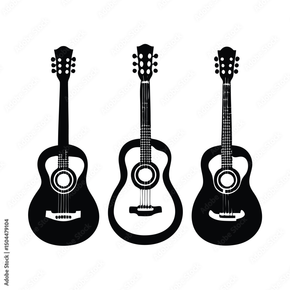Obraz premium Silhouette of guitars, Set of black and white acoustic guitars
