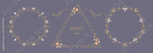 Set of modern magic witchcraft geometric frames with floral elements and ornament. Decorative floral design. Vector illustration