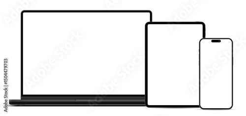 Laptop computer, tablet pc and mobile phone mockup front view, black digital devices screen template isolated with transparent background - vector