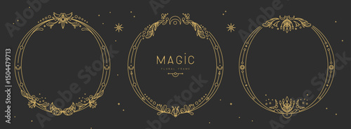 Set of modern magic witchcraft  round frames with floral elements and ornament. Line art decorative floral design. Vector illustration