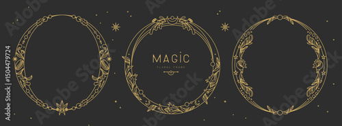Set of modern magic witchcraft  round frames with floral elements and ornament. Line art decorative floral design. Vector illustration