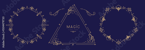 Set of modern magic witchcraft geometric frames with floral elements and ornament. Line art decorative floral design. Vector illustration