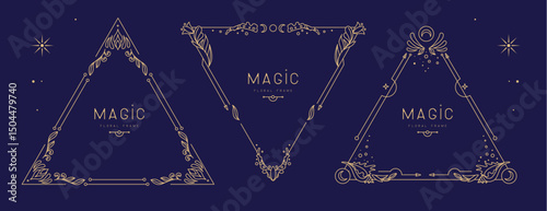 Set of modern magic witchcraft triangle frames with floral elements and ornament. Line art decorative floral design. Vector illustration