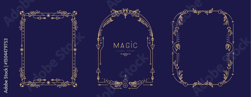 Set of modern magic witchcraft frames with floral elements and ornament. Line art decorative floral design. Vector illustration