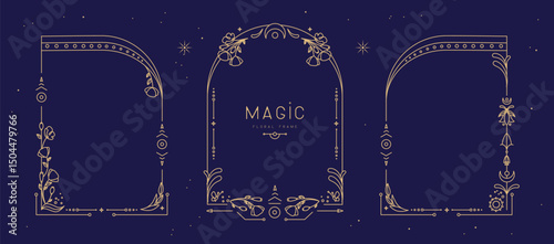 Set of modern magic witchcraft frames with floral elements and ornament. Line art Decorative floral design. Vector illustration